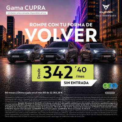 Este verano, llévate un CUPRA desde 342,29€/mes* Este verano, llévate un CUPRA desde 342,29€/mes*