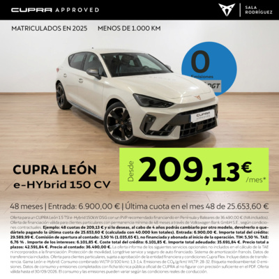 ¡Ocasión! CUPRA León E-Hybrid desde 209€/mes* ¡Ocasión! CUPRA León E-Hybrid desde 209€/mes*