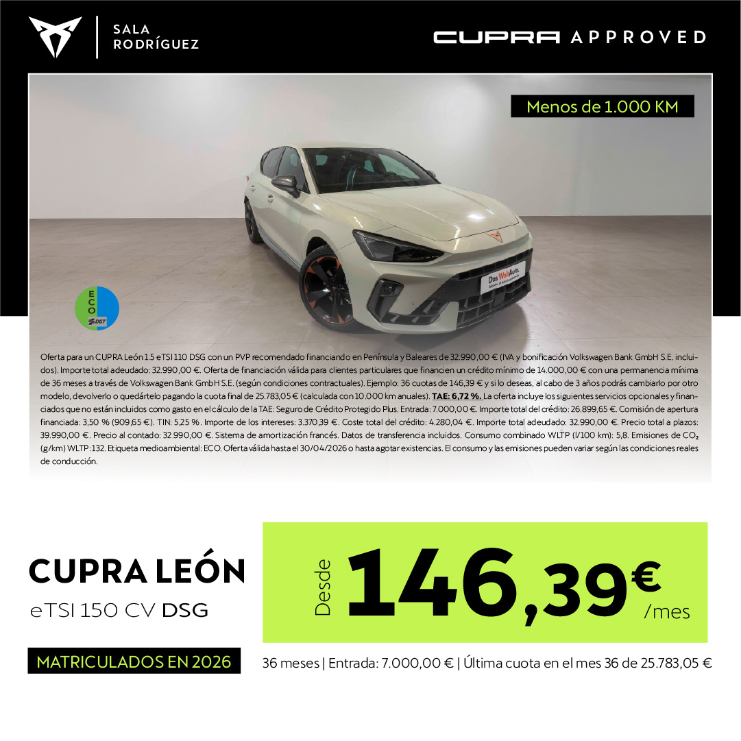 ¡Ocasión! CUPRA León eTSI desde 146€/mes*