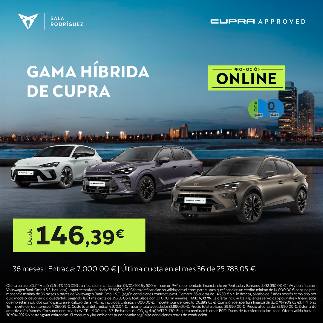 ¡Promoción ONLINE! Gama híbrida de CUPRA desde 146€/mes*
