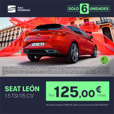SEAT León TSI por 125€/mes* ¡Unidades limitadas! SEAT León TSI por 125€/mes* ¡Unidades limitadas!
