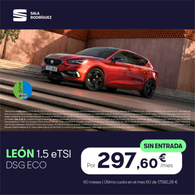 ¡Sin entrada! SEAT León eTSI por solo 297,60€/mes* ¡Sin entrada! SEAT León eTSI por solo 297,60€/mes*