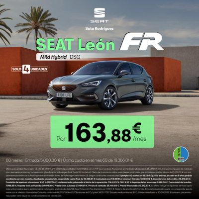 SOLO 4 UNIDADES: SEAT León FR Mild Hybrid DSG por 163,88 €/mes. SOLO 4 UNIDADES: SEAT León FR Mild Hybrid DSG por 163,88 €/mes.