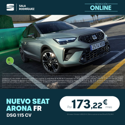 ¡Promoción lanzamiento! Nuevo SEAT Arona FR por 173,22€/mes* ¡Promoción lanzamiento! Nuevo SEAT Arona FR por 173,22€/mes*
