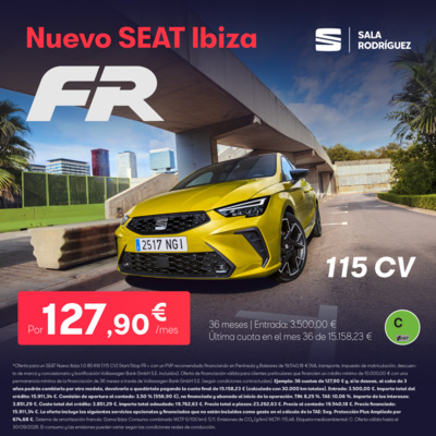 ¡Acabado FR! Nuevo SEAT Ibiza 115 CV por 127,90 €/mes* ¡Acabado FR! Nuevo SEAT Ibiza 115 CV por 127,90 €/mes*