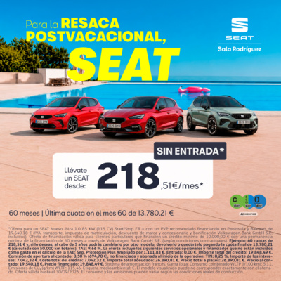 Sin entrada · tu SEAT desde 218,51 €/mes Sin entrada · tu SEAT desde 218,51 €/mes