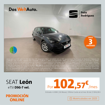 ¡Ocasión! SEAT León eTSI por 102€/mes* ¡Ocasión! SEAT León eTSI por 102€/mes*