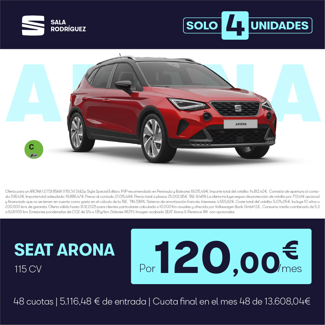¡Últimas unidades! SEAT Arona por 120€/mes* ¡Últimas unidades! SEAT Arona por 120€/mes*
