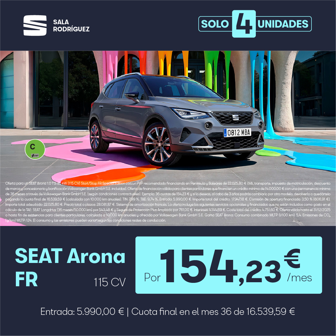 ¡Últimas unidades! SEAT Arona FR por 154,23€/mes*