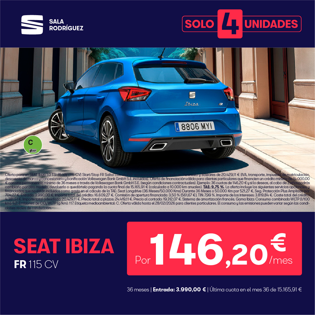 ¡Solo quedan 4! SEAT Ibiza FR 115CV por 146,20€ ¡Solo quedan 4! SEAT Ibiza FR 115CV por 146,20€