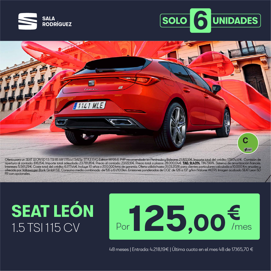 ¡Últimas unidades! SEAT León TSI por 125€/mes*