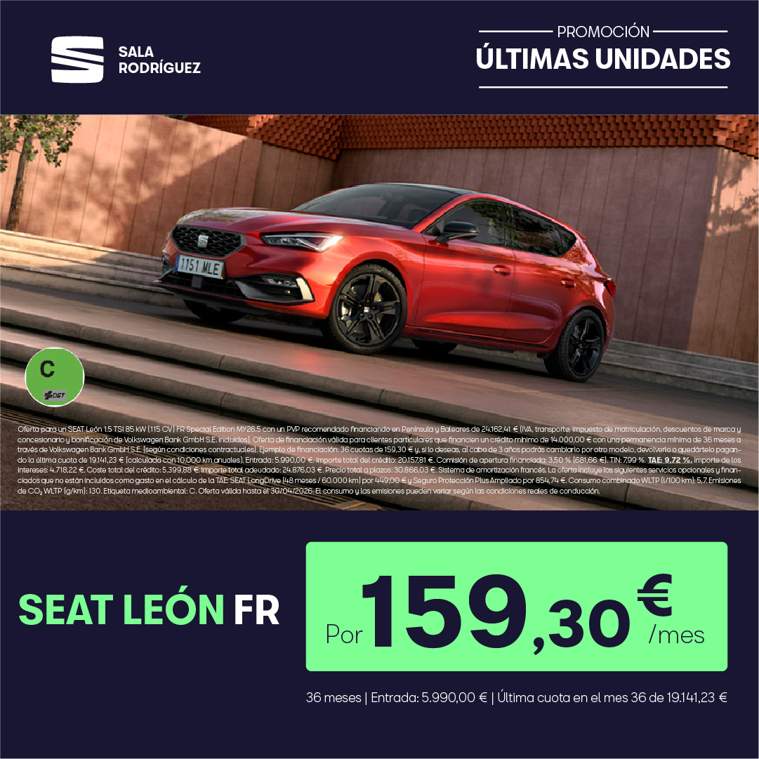 ¡Ultimas unidades! SEAT Leon por 159,30€/mes*