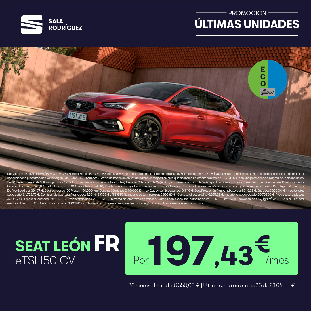 ¡Ultimas unidades! SEAT Leon FR por 197€/mes*