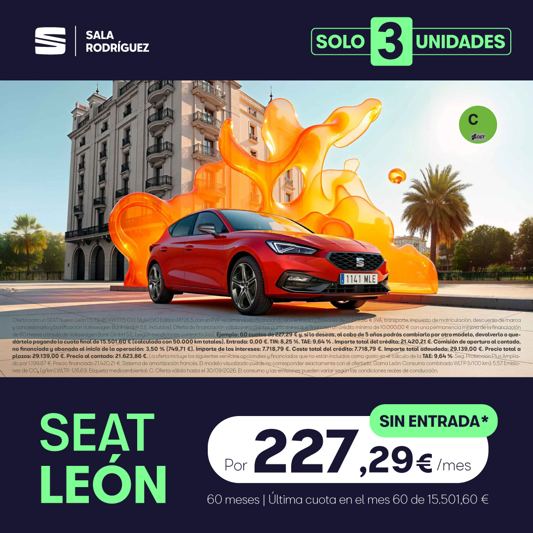 SOLO 3 UNIDADES: SEAT León por 227,29 €/mes y SIN ENTRADA
