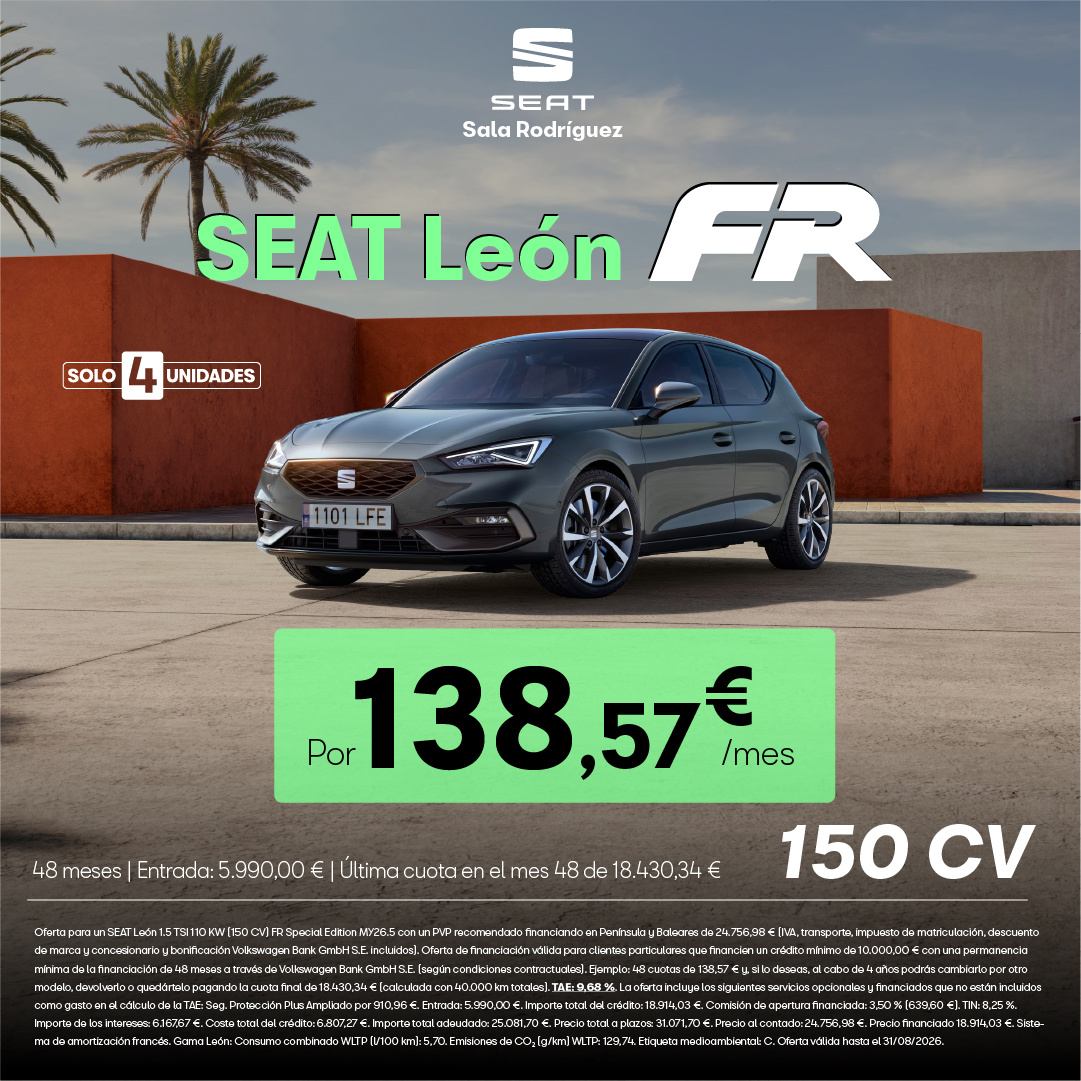 ¡Solo 5 unidades! Nuevo SEAT León FR por 138,57 €/mes