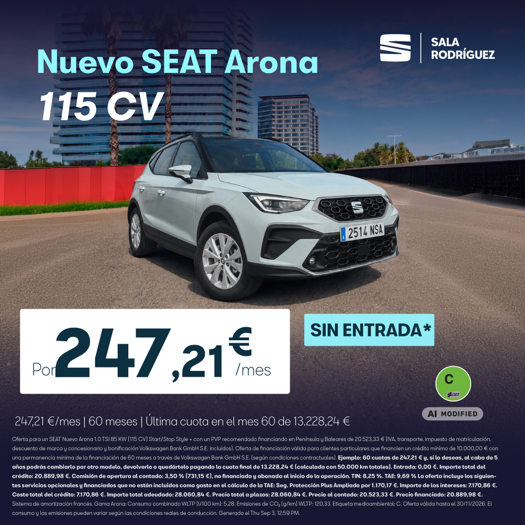Nuevo SEAT Arona 115 CV por 247,21 €/mes y SIN ENTRADA.*