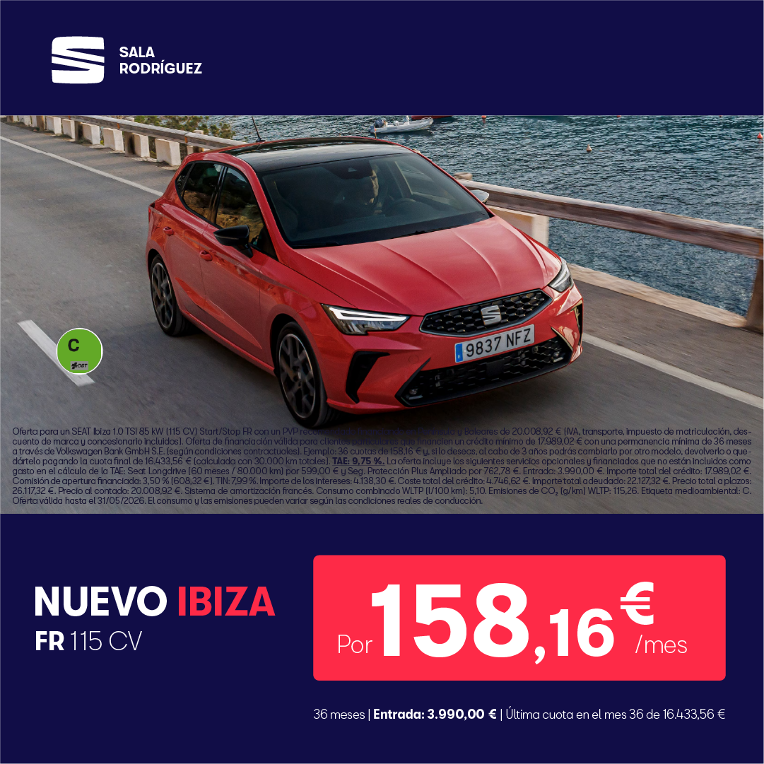 ¡Promoción Online! Nuevo SEAT Ibiza FR por 158,16€/mes*