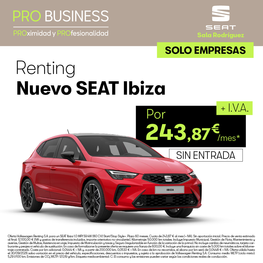 ¡Solo empresas! Nuevo SEAT Ibiza por 243,87€/mes + IVA