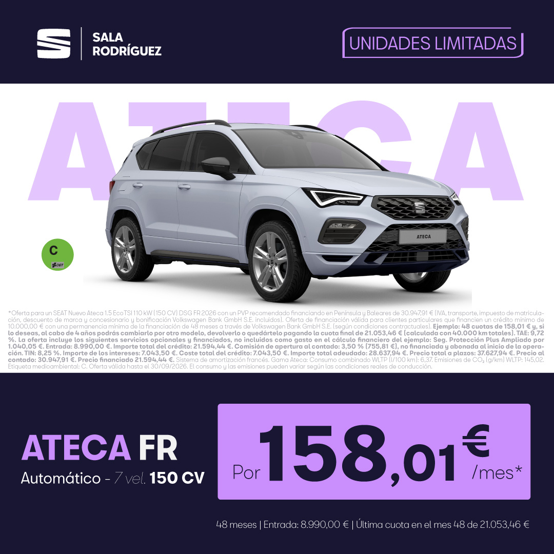 ¡Unidades limitadas! Nuevo SEAT Ateca FR por 158,01€/mes