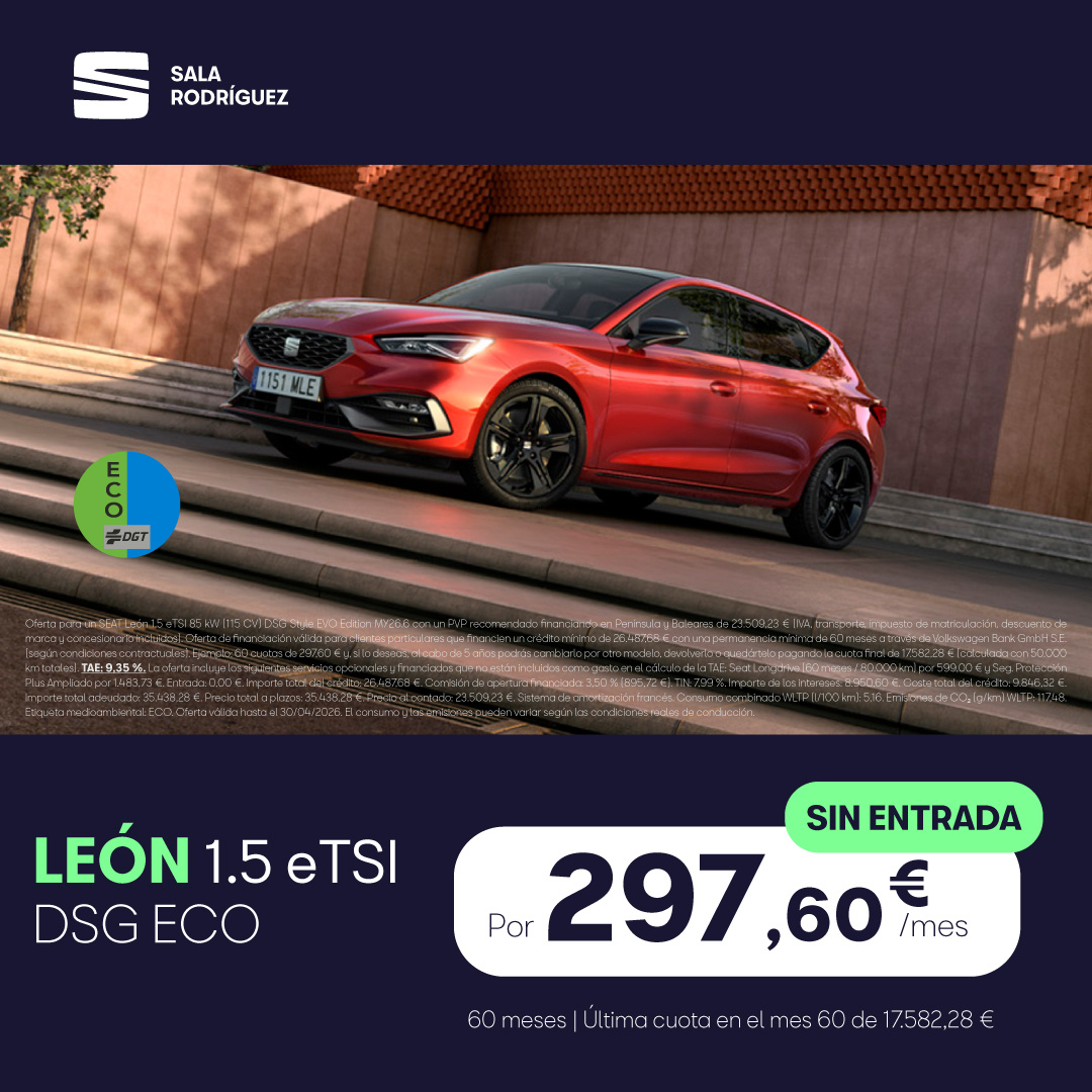 ¡SIN ENTRADA! SEAT León eTSI por solo 297€/mes*