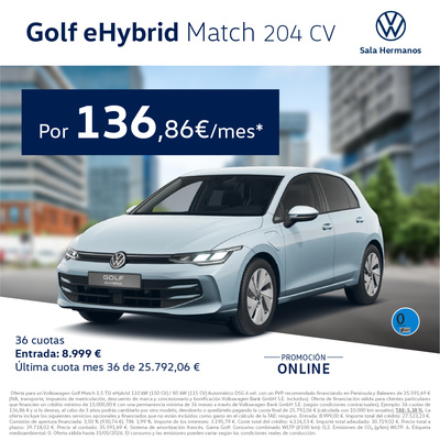 ¡Sólo online! Golf eHybrid Match por 136€/mes* ¡Sólo online! Golf eHybrid Match por 136€/mes*