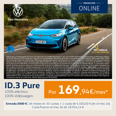 ¡Ofertón! Tu ID.3 Pure por 169,94€/mes* ¡Ofertón! Tu ID.3 Pure por 169,94€/mes*