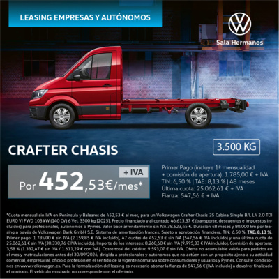 ¡Leasing empresas y autónomos! Tu Crafter Chasis por 452€/mes* ¡Leasing empresas y autónomos! Tu Crafter Chasis por 452€/mes*
