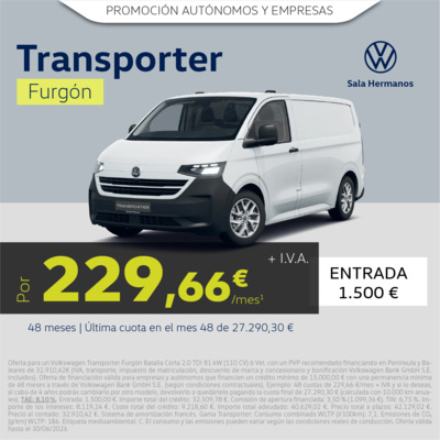 ¡Nuevo! Transporter Furgón desde 229,66€/mes* + IVA ¡Nuevo! Transporter Furgón desde 229,66€/mes* + IVA