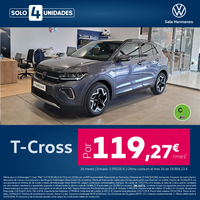 Estrena T-Cross Más por 119,27€/mes* Estrena T-Cross Más por 119,27€/mes*