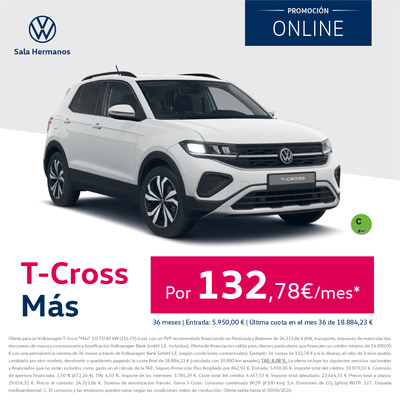 Tu T-Cross MÁS por solo 132€/mes* Tu T-Cross MÁS por solo 132€/mes*
