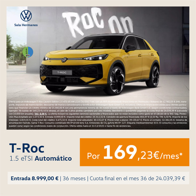 Nuevo T-Roc 2026 Automático por 169,23€/mes* Nuevo T-Roc 2026 Automático por 169,23€/mes*