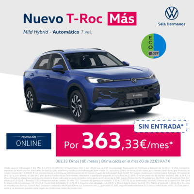 ¡Sin Entrada! Nuevo Volkswagen T-Roc Más 116 CV por 363€/mes ¡Sin Entrada! Nuevo Volkswagen T-Roc Más 116 CV por 363€/mes