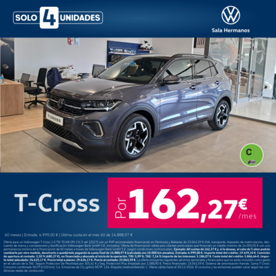 Solo 4 unidades del Volkswagen T-Cross desde 162,27 €/mes.* Solo 4 unidades del Volkswagen T-Cross desde 162,27 €/mes.*
