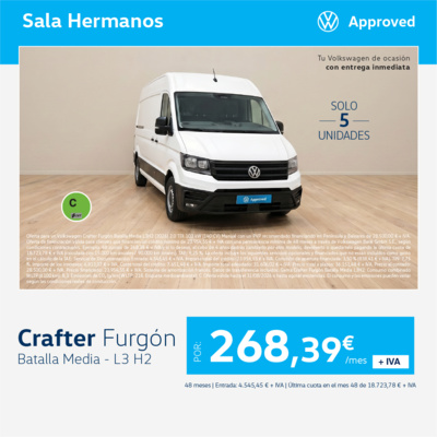 ¡Ocasión! Volkswagen Crafter Furgón desde 324,74€/mes* ¡Ocasión! Volkswagen Crafter Furgón desde 324,74€/mes*