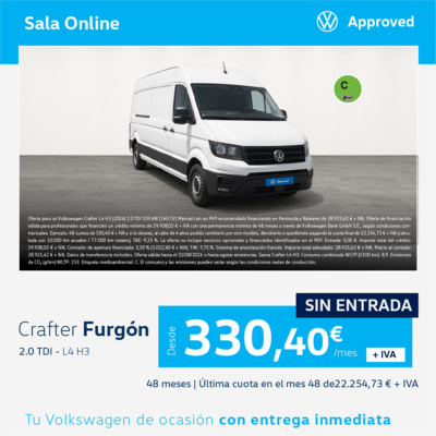 ¡Sin Entrada! Volkswagen Crafter Furgón 140 CV por 330 €/mes ¡Sin Entrada! Volkswagen Crafter Furgón 140 CV por 330 €/mes