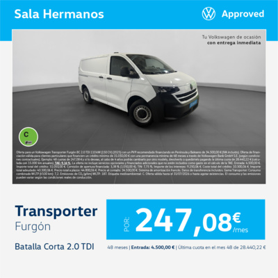 ¡Ocasión! Volkswagen Transporter Furgón 2.0 TDI por 247€/mes* ¡Ocasión! Volkswagen Transporter Furgón 2.0 TDI por 247€/mes*