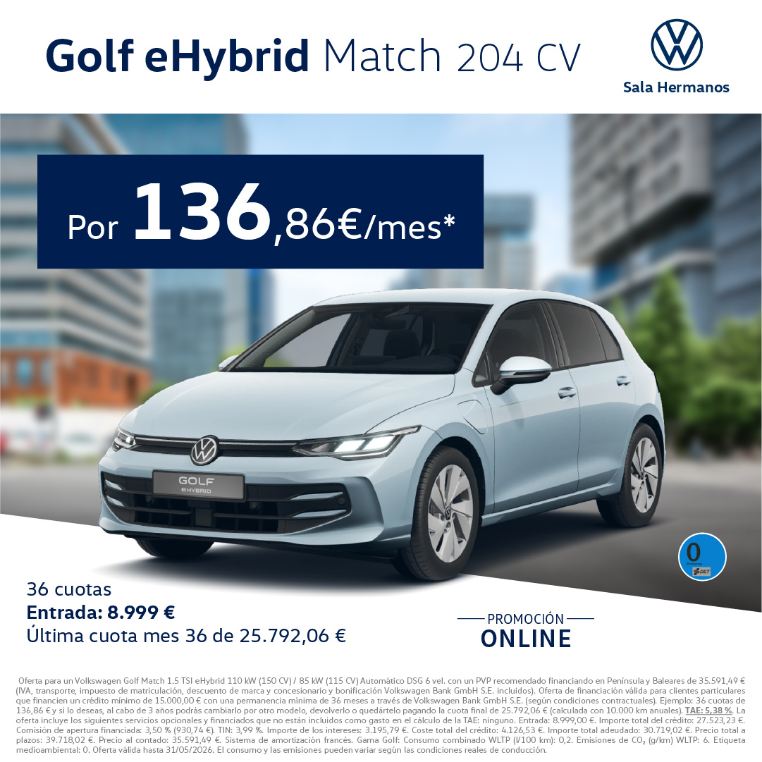 ¡Sólo online! Golf eHybrid Match por 136€/mes*