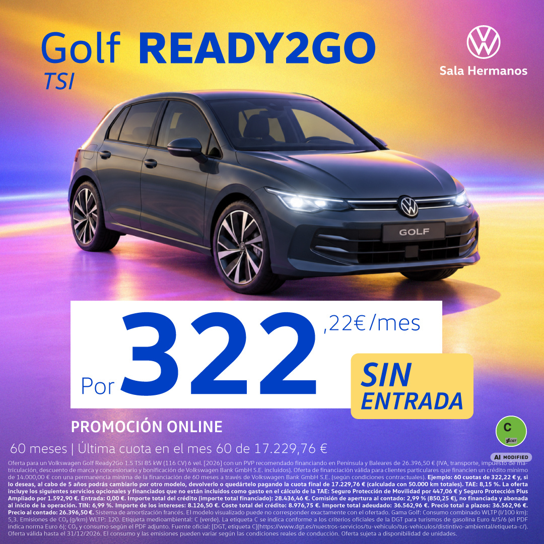 ¡Sin Entrada! Volkswagen Golf READY2GO TSI Por 322 €/mes*
