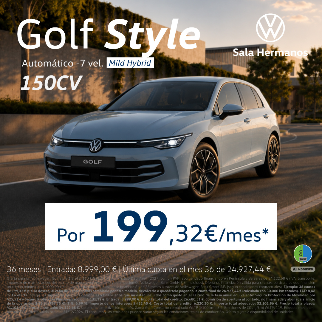 Tu Volkswagen Golf 150 CV por 199,32€/mes