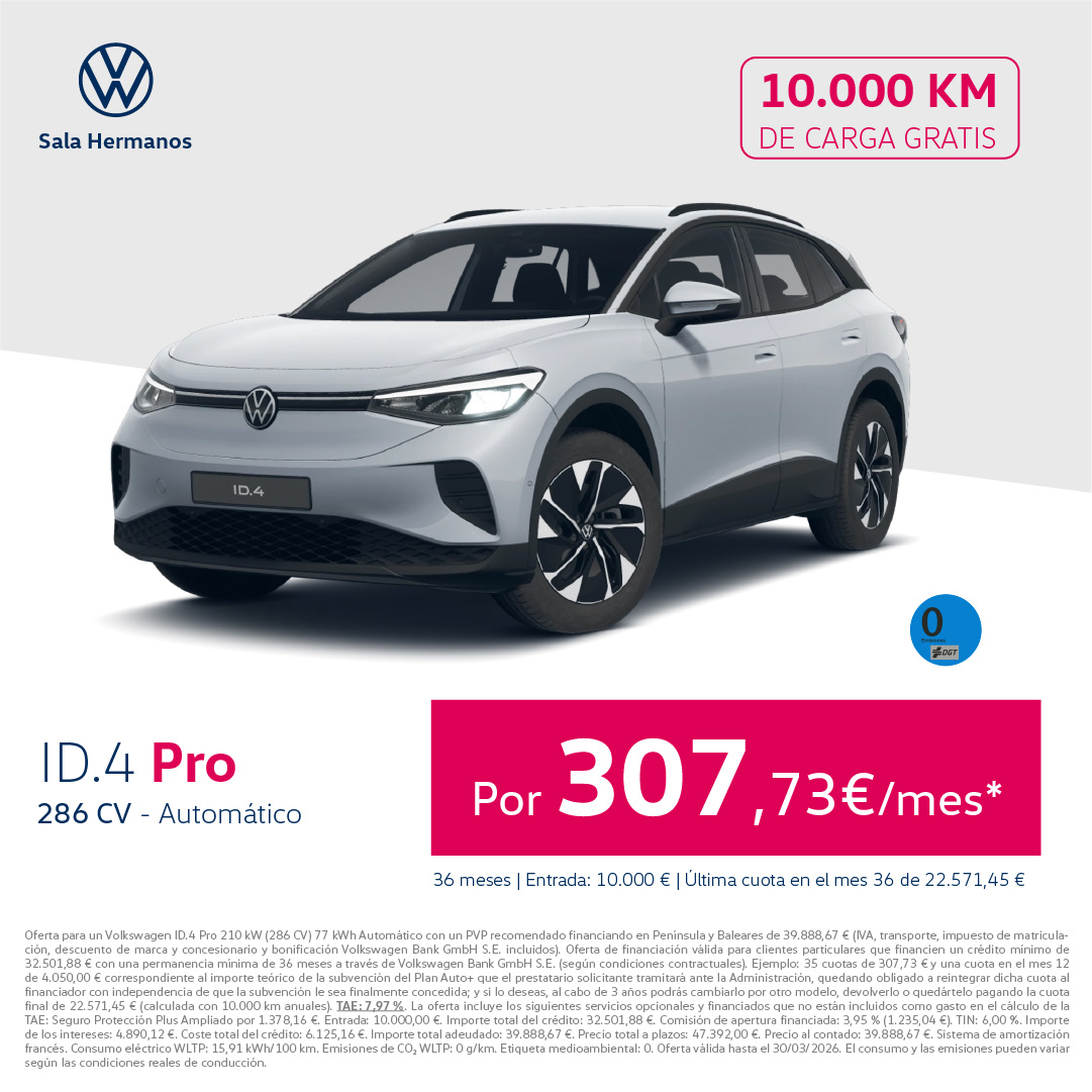 ¡No te lo pierdas! ID.4 Pro 286CV por 307€/mes*