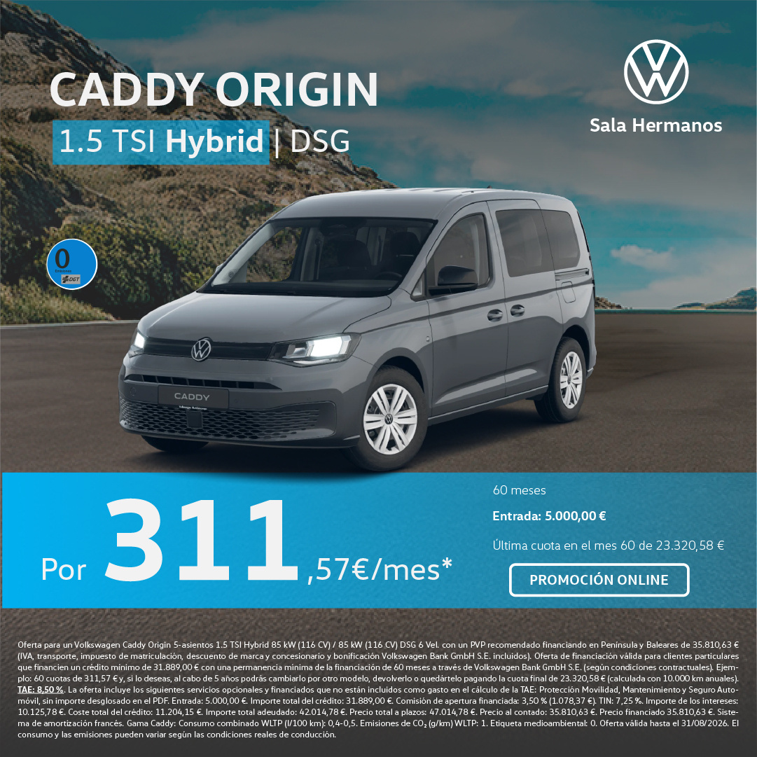 ¡Promoción online! Volkswagen Caddy Origin Hybrid DSG por 311,57€/mes