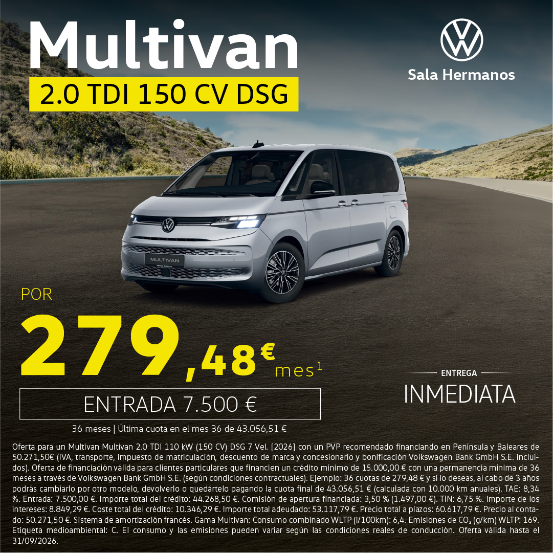 ¡Últimas unidades! Multivan 150CV por 279€/mes* ¡Últimas unidades! Multivan 150CV por 279€/mes*