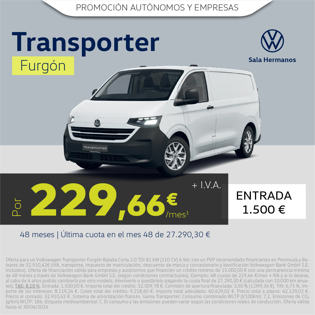 ¡Nuevo! Transporter Furgón desde 229,66€/mes* + IVA