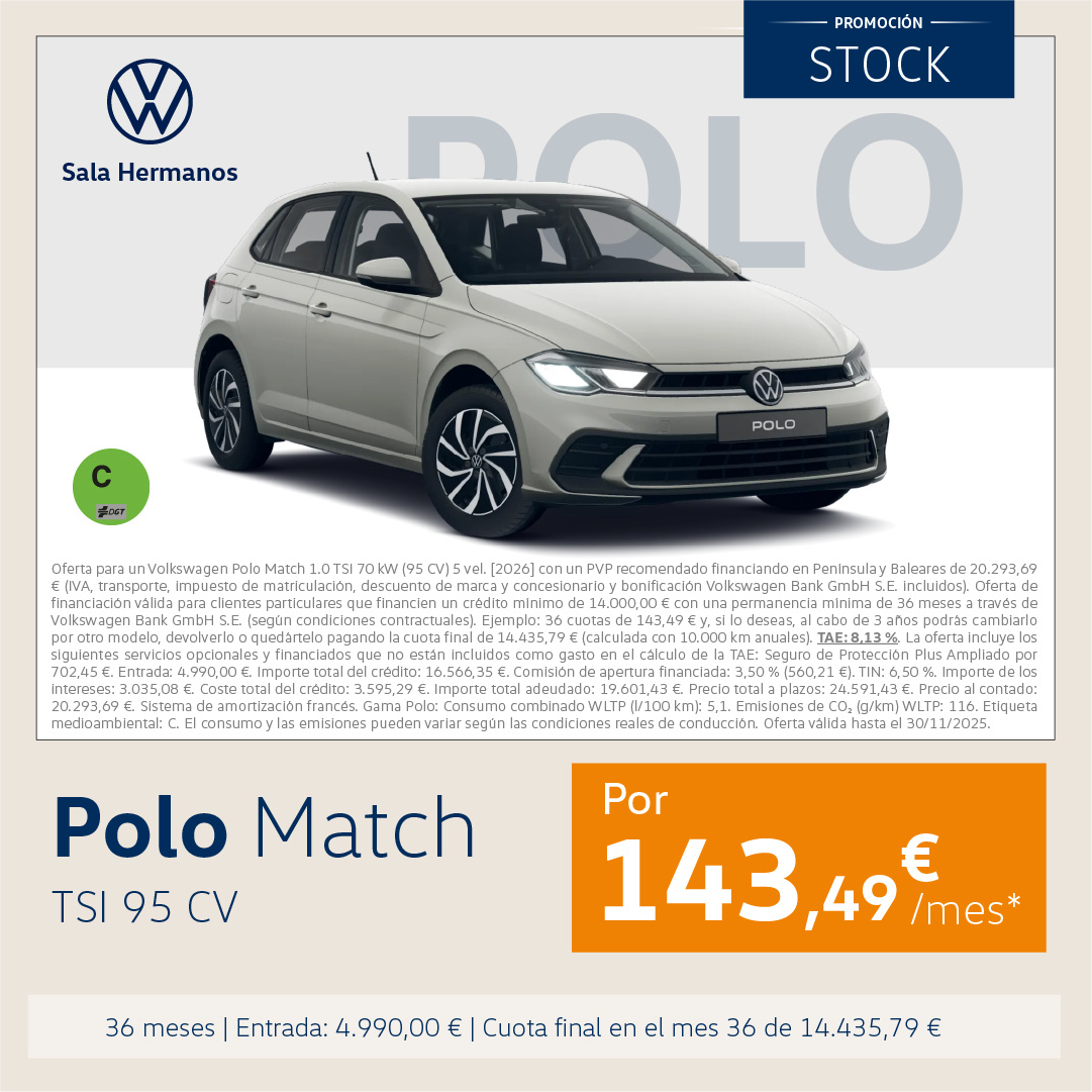 ¡Promoción Stock! Polo Match TSI desde 143,49€/mes*