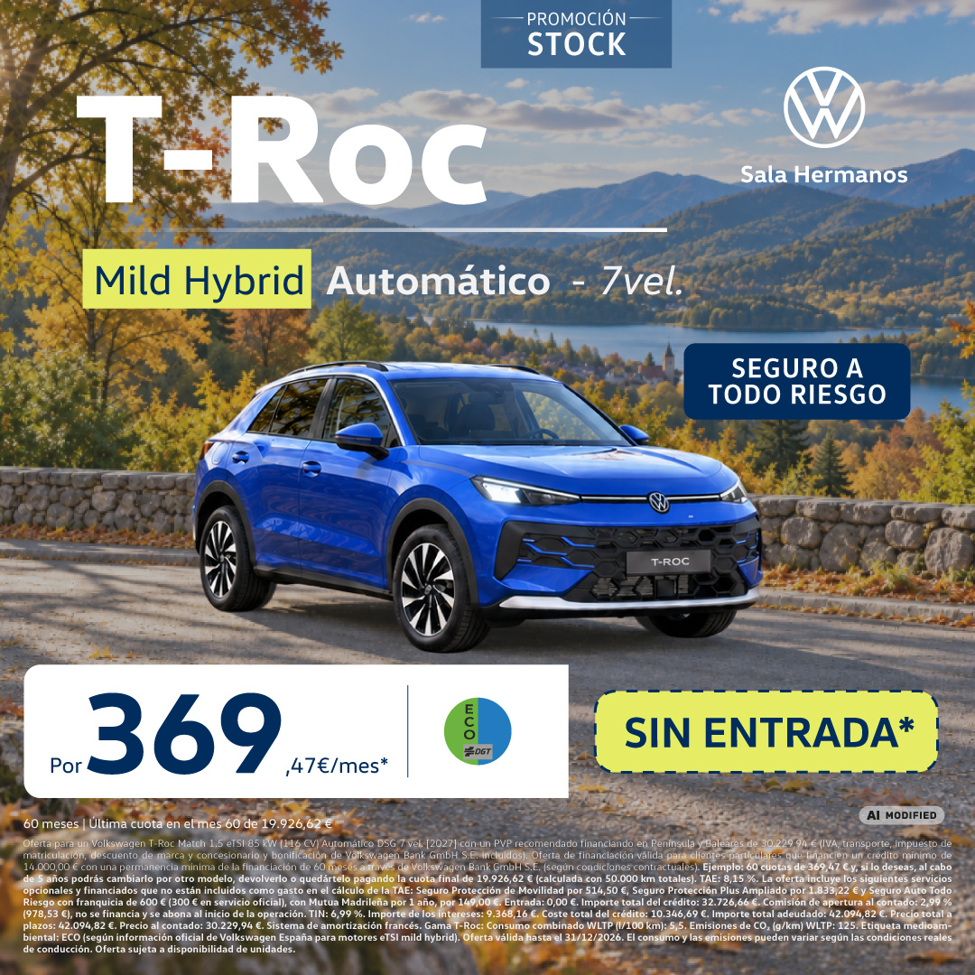 ¡SIN ENTRADA! Volkswagen T-Roc Mild Hybrid  369,47 €/mes*