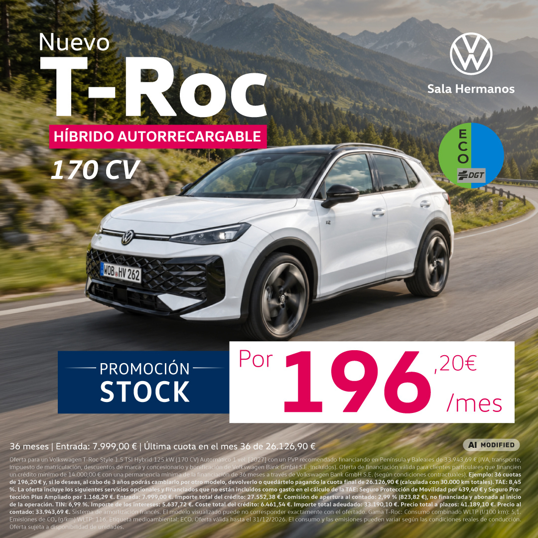 ¡Exclusivo online! Nuevo Volkswagen T-Roc Híbrido 116 CV por 196€/mes
