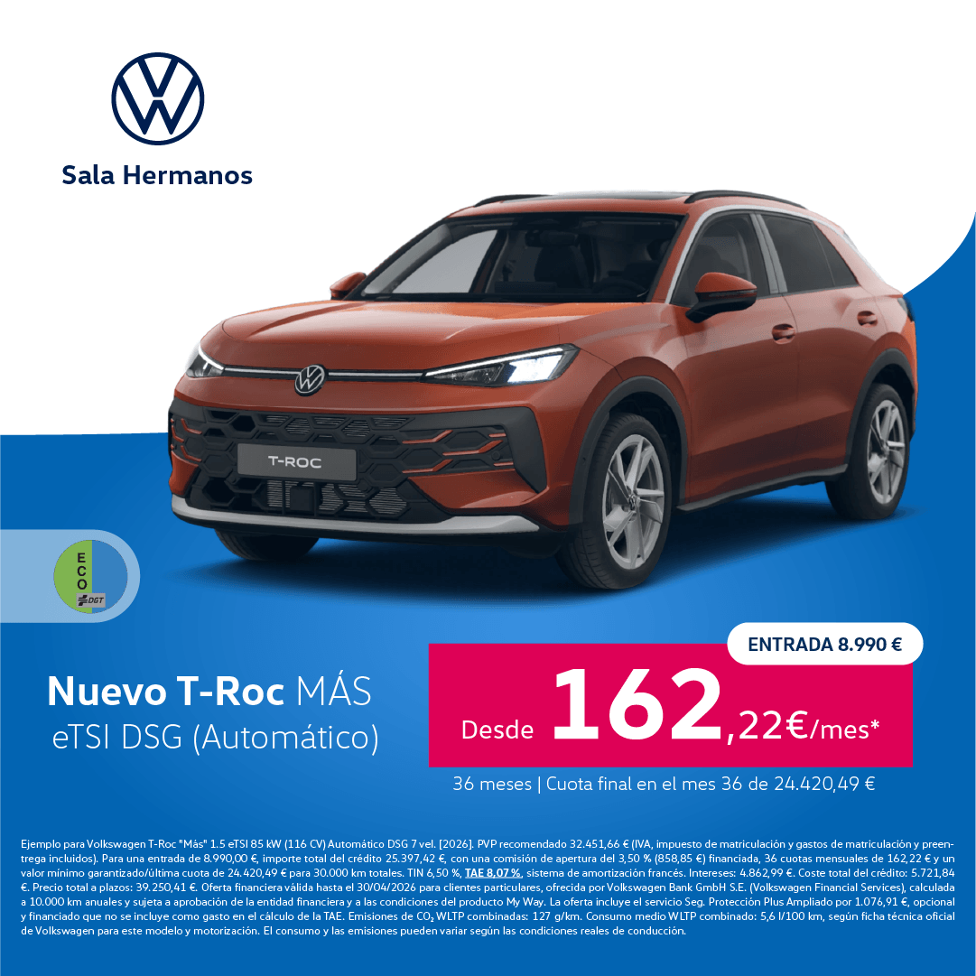Nuevo T-Roc MÁS eTSI desde 162€/mes*