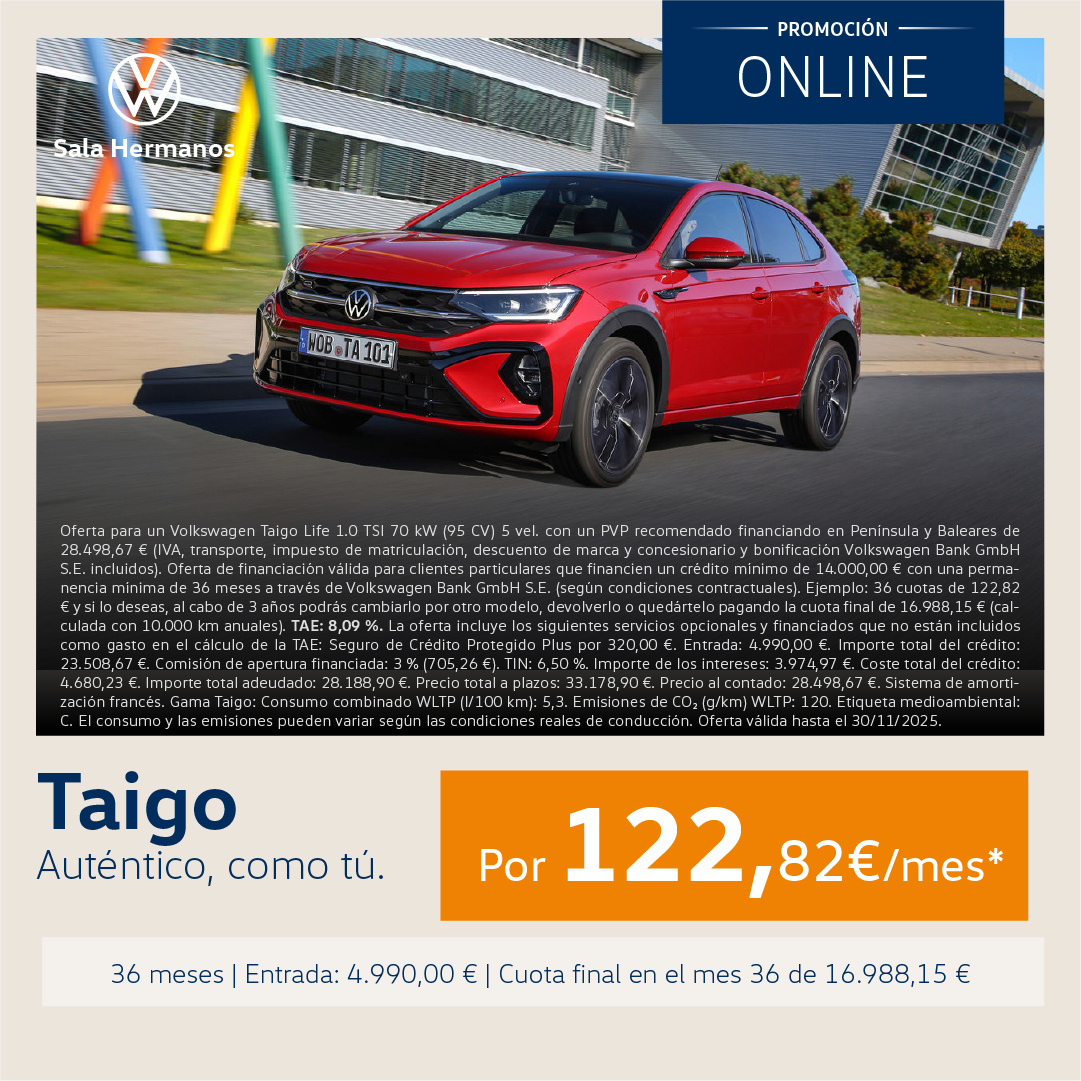 ¡Solo este mes! Consigue un Taigo por 122,82€/mes*