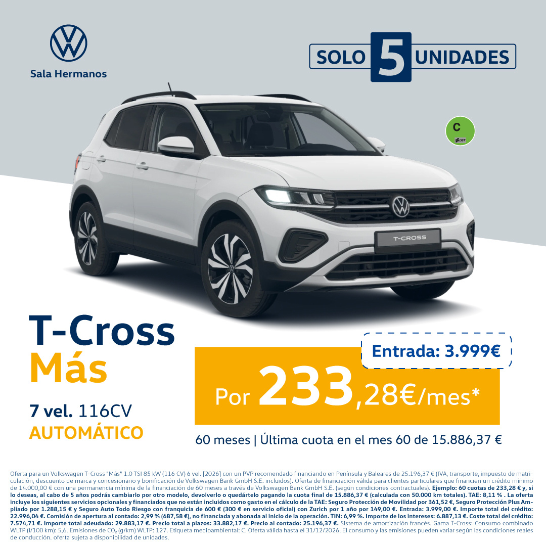¡Promoción Online! T-Cross MÁS por solo 233,28/mes*