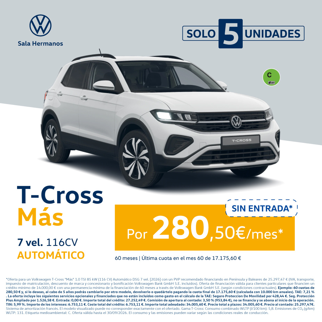¡Promoción Online! T-Cross MÁS por solo 280,50/mes*